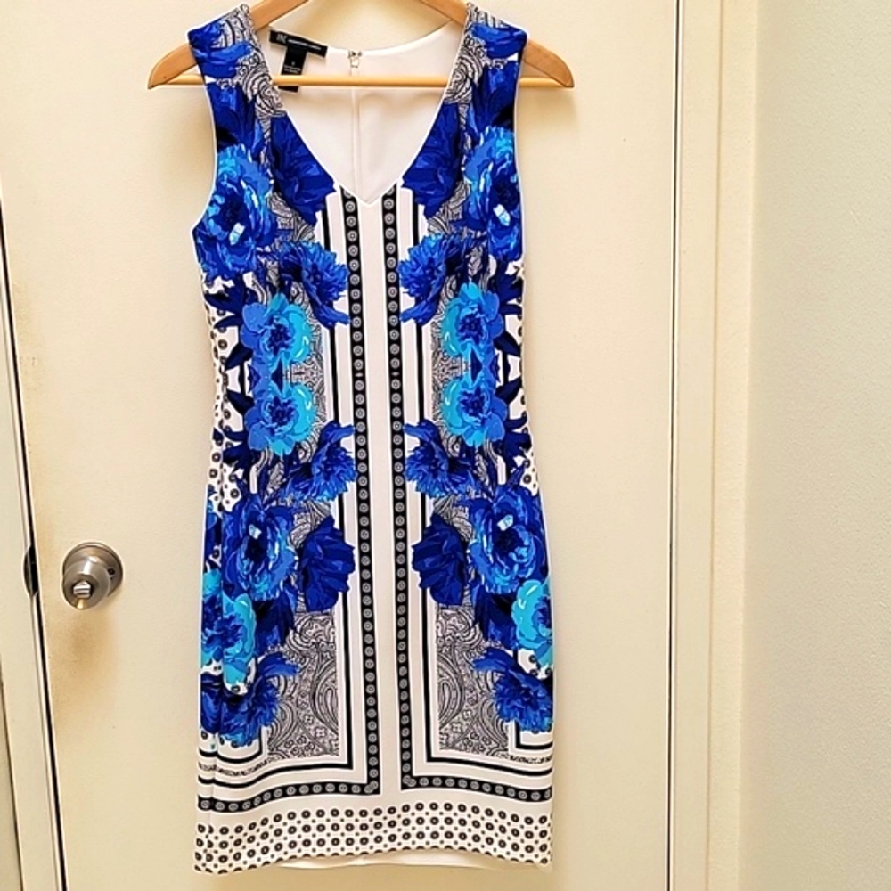 INC Blue/Black Floral and Geometric Print Sleeveless Midi Dress, sz S